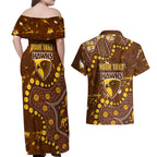 Personalized Hawthorn Hawks Couples Matching Off Shoulder Maxi Dress and Hawaiian Shirt Aboriginal Pattern with Graffiti Style