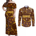 Personalized Hawthorn Hawks Couples Matching Off Shoulder Maxi Dress and Long Sleeve Button Shirt Aboriginal Pattern with Graffiti Style