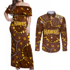 Personalized Hawthorn Hawks Couples Matching Off Shoulder Maxi Dress and Long Sleeve Button Shirt Aboriginal Pattern with Graffiti Style