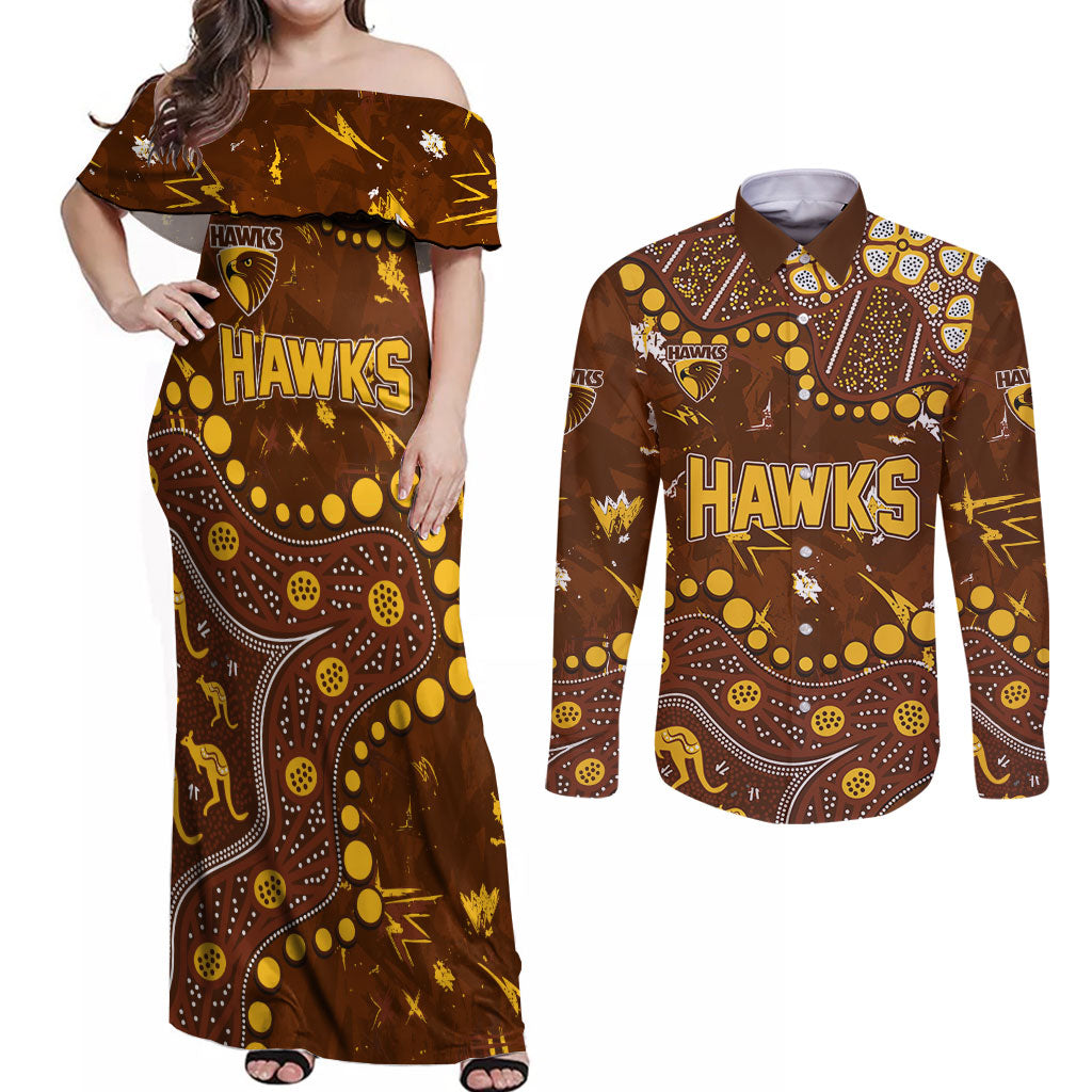 Personalized Hawthorn Hawks Couples Matching Off Shoulder Maxi Dress and Long Sleeve Button Shirt Aboriginal Pattern with Graffiti Style