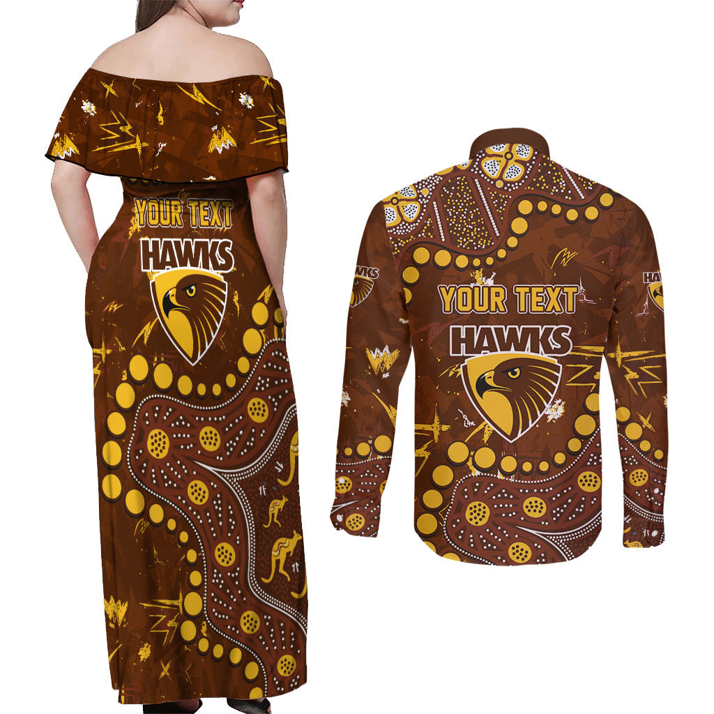 Personalized Hawthorn Hawks Couples Matching Off Shoulder Maxi Dress and Long Sleeve Button Shirt Aboriginal Pattern with Graffiti Style