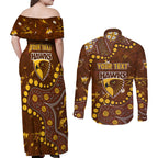 Personalized Hawthorn Hawks Couples Matching Off Shoulder Maxi Dress and Long Sleeve Button Shirt Aboriginal Pattern with Graffiti Style