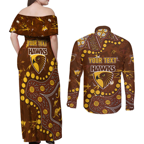 Personalized Hawthorn Hawks Couples Matching Off Shoulder Maxi Dress and Long Sleeve Button Shirt Aboriginal Pattern with Graffiti Style