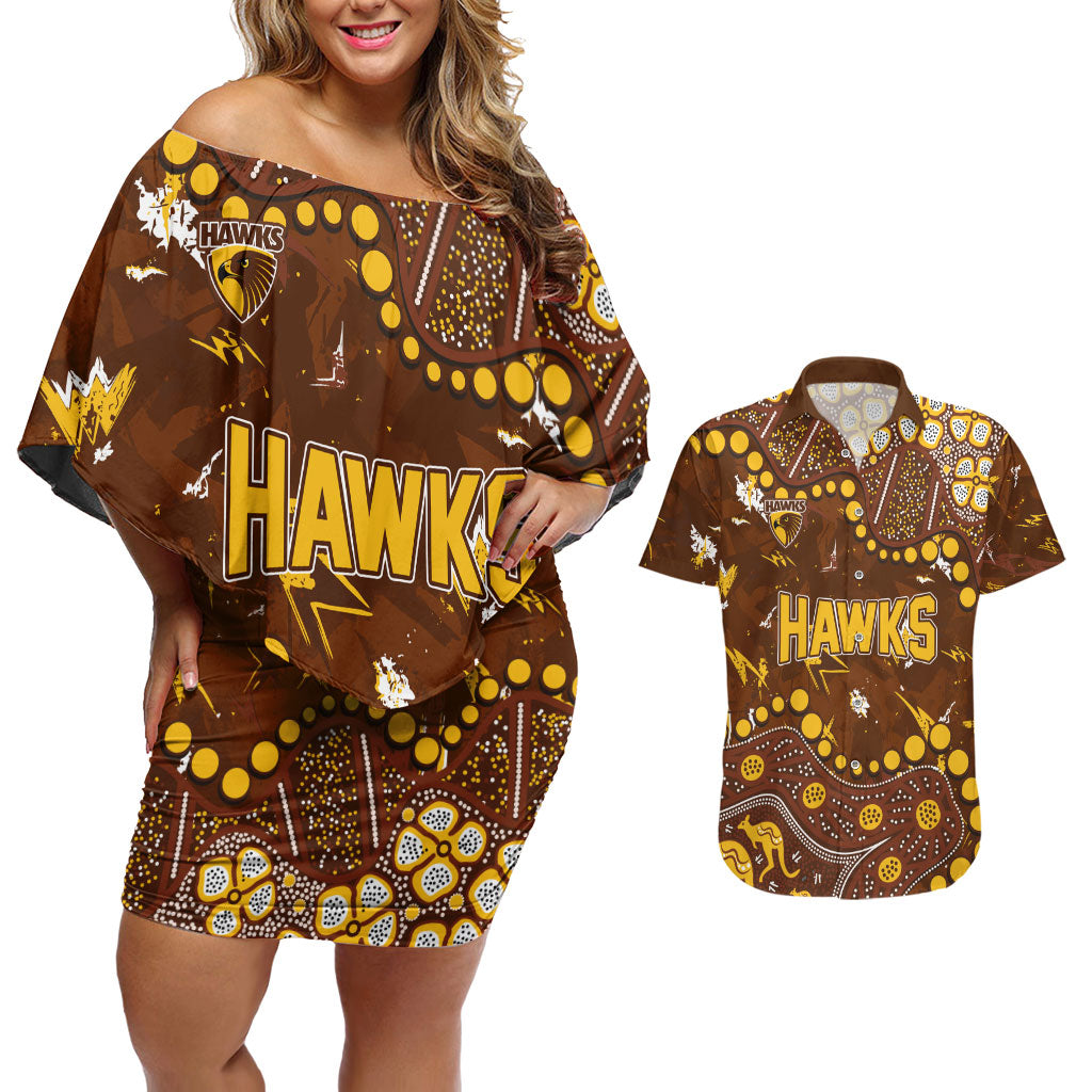 Personalized Hawthorn Hawks Couples Matching Off Shoulder Short Dress and Hawaiian Shirt Aboriginal Pattern with Graffiti Style