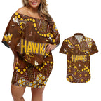 Personalized Hawthorn Hawks Couples Matching Off Shoulder Short Dress and Hawaiian Shirt Aboriginal Pattern with Graffiti Style