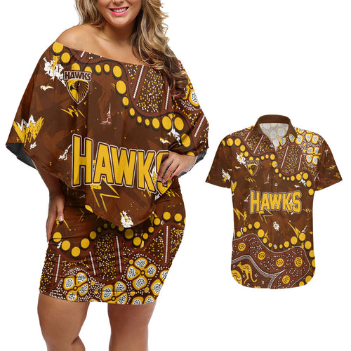 Personalized Hawthorn Hawks Couples Matching Off Shoulder Short Dress and Hawaiian Shirt Aboriginal Pattern with Graffiti Style