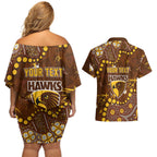 Personalized Hawthorn Hawks Couples Matching Off Shoulder Short Dress and Hawaiian Shirt Aboriginal Pattern with Graffiti Style