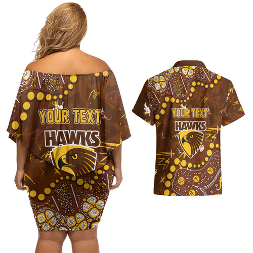 Personalized Hawthorn Hawks Couples Matching Off Shoulder Short Dress and Hawaiian Shirt Aboriginal Pattern with Graffiti Style