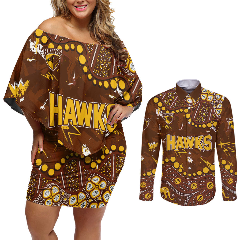 Personalized Hawthorn Hawks Couples Matching Off Shoulder Short Dress and Long Sleeve Button Shirt Aboriginal Pattern with Graffiti Style