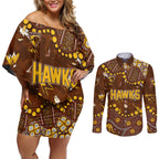 Personalized Hawthorn Hawks Couples Matching Off Shoulder Short Dress and Long Sleeve Button Shirt Aboriginal Pattern with Graffiti Style