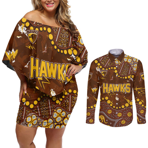 Personalized Hawthorn Hawks Couples Matching Off Shoulder Short Dress and Long Sleeve Button Shirt Aboriginal Pattern with Graffiti Style