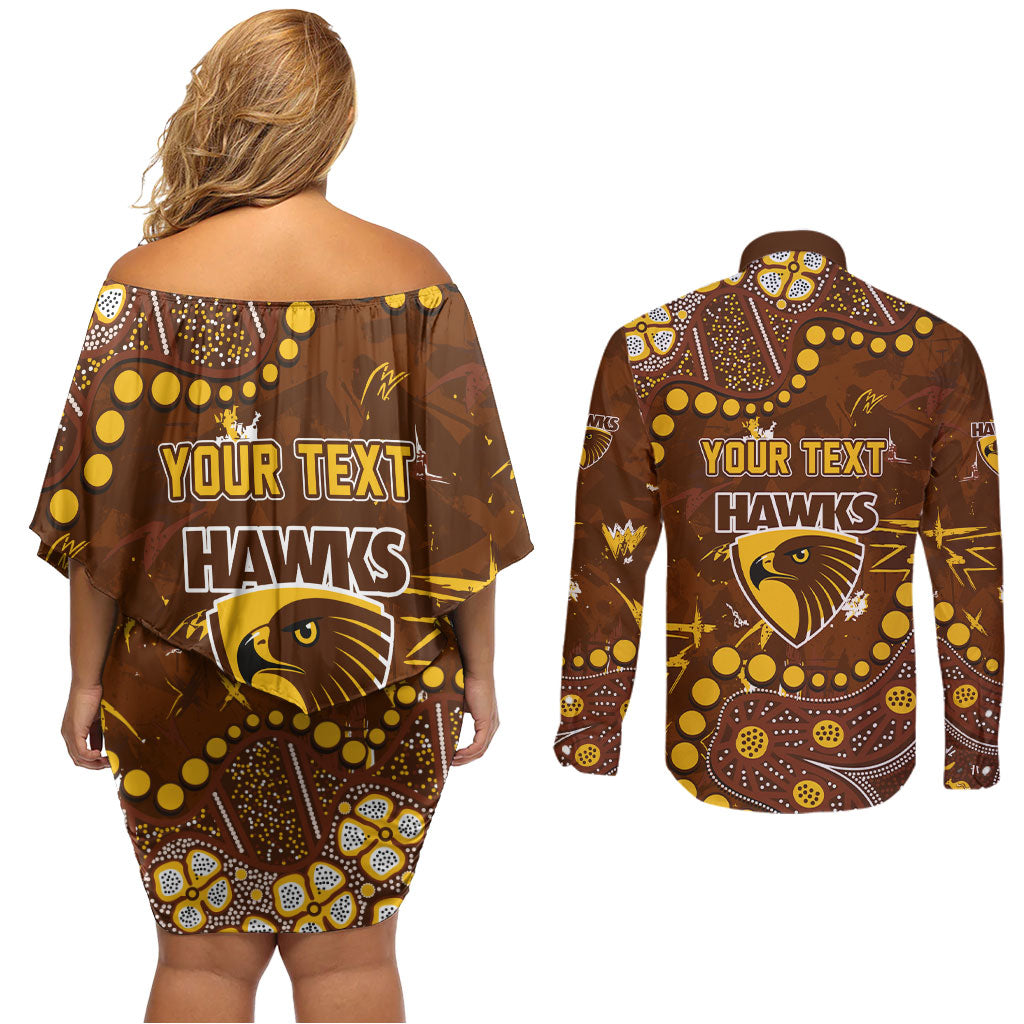 Personalized Hawthorn Hawks Couples Matching Off Shoulder Short Dress and Long Sleeve Button Shirt Aboriginal Pattern with Graffiti Style
