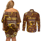 Personalized Hawthorn Hawks Couples Matching Off Shoulder Short Dress and Long Sleeve Button Shirt Aboriginal Pattern with Graffiti Style