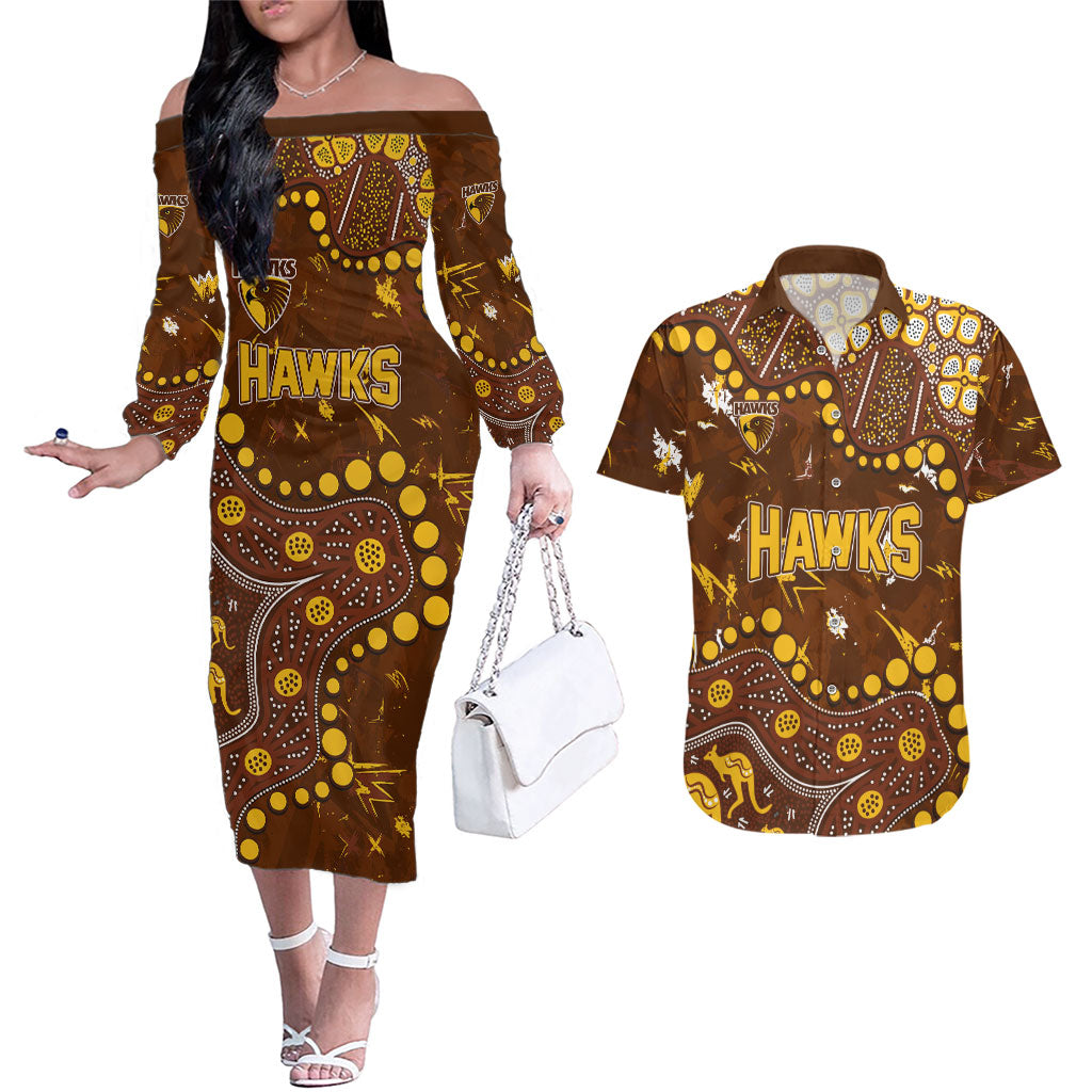 Personalized Hawthorn Hawks Couples Matching Off The Shoulder Long Sleeve Dress and Hawaiian Shirt Aboriginal Pattern with Graffiti Style