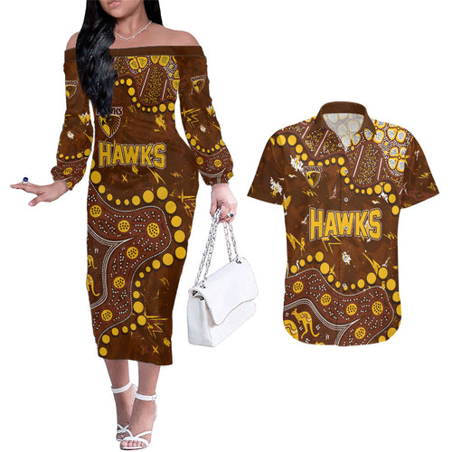 Personalized Hawthorn Hawks Couples Matching Off The Shoulder Long Sleeve Dress and Hawaiian Shirt Aboriginal Pattern with Graffiti Style