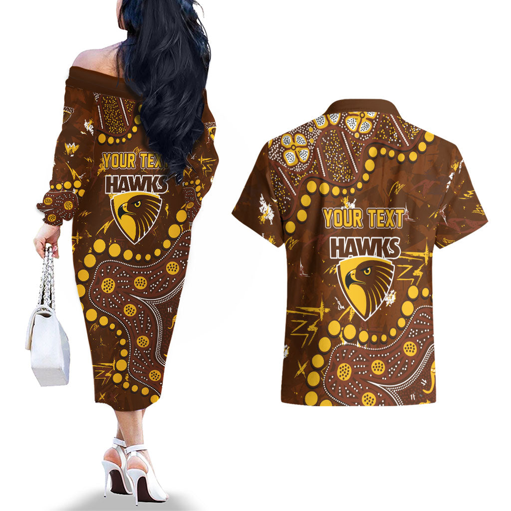 Personalized Hawthorn Hawks Couples Matching Off The Shoulder Long Sleeve Dress and Hawaiian Shirt Aboriginal Pattern with Graffiti Style