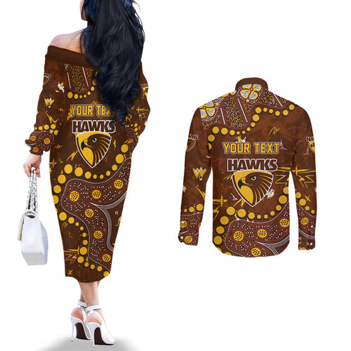 Personalized Hawthorn Hawks Couples Matching Off The Shoulder Long Sleeve Dress and Long Sleeve Button Shirt Aboriginal Pattern with Graffiti Style