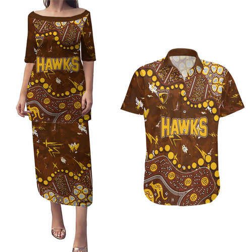 Personalized Hawthorn Hawks Couples Matching Puletasi and Hawaiian Shirt Aboriginal Pattern with Graffiti Style