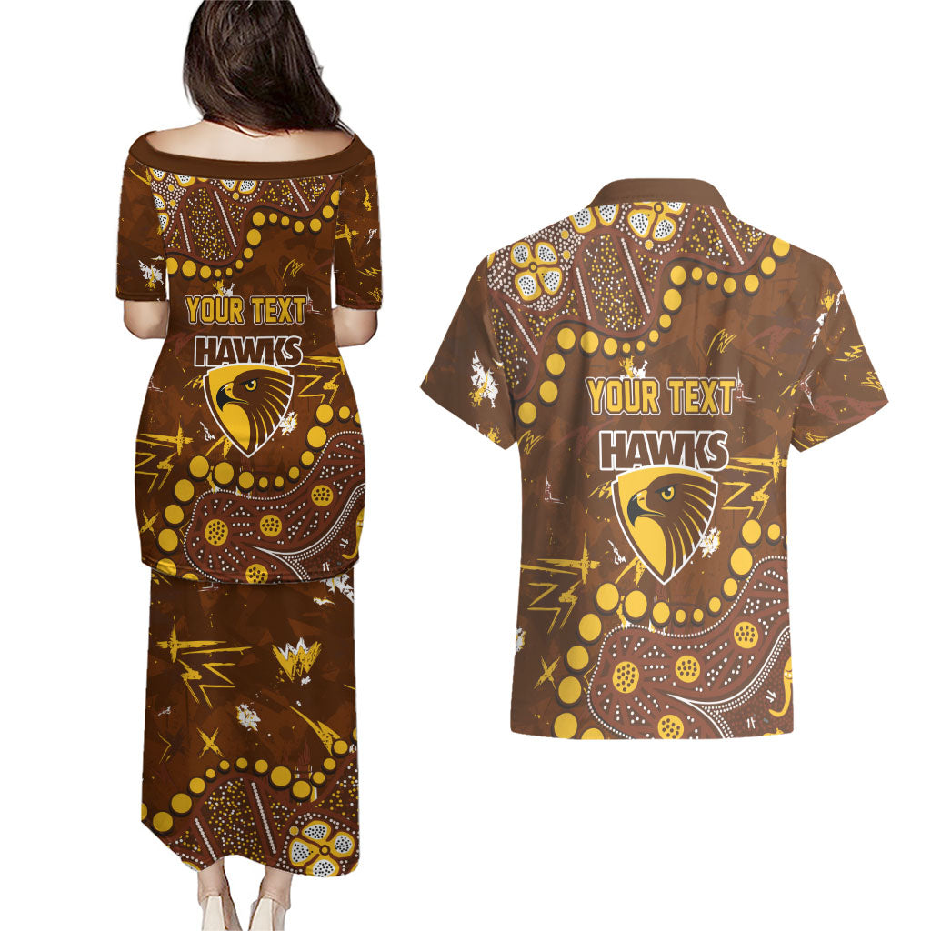 Personalized Hawthorn Hawks Couples Matching Puletasi and Hawaiian Shirt Aboriginal Pattern with Graffiti Style