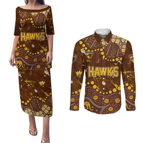 Personalized Hawthorn Hawks Couples Matching Puletasi and Long Sleeve Button Shirt Aboriginal Pattern with Graffiti Style