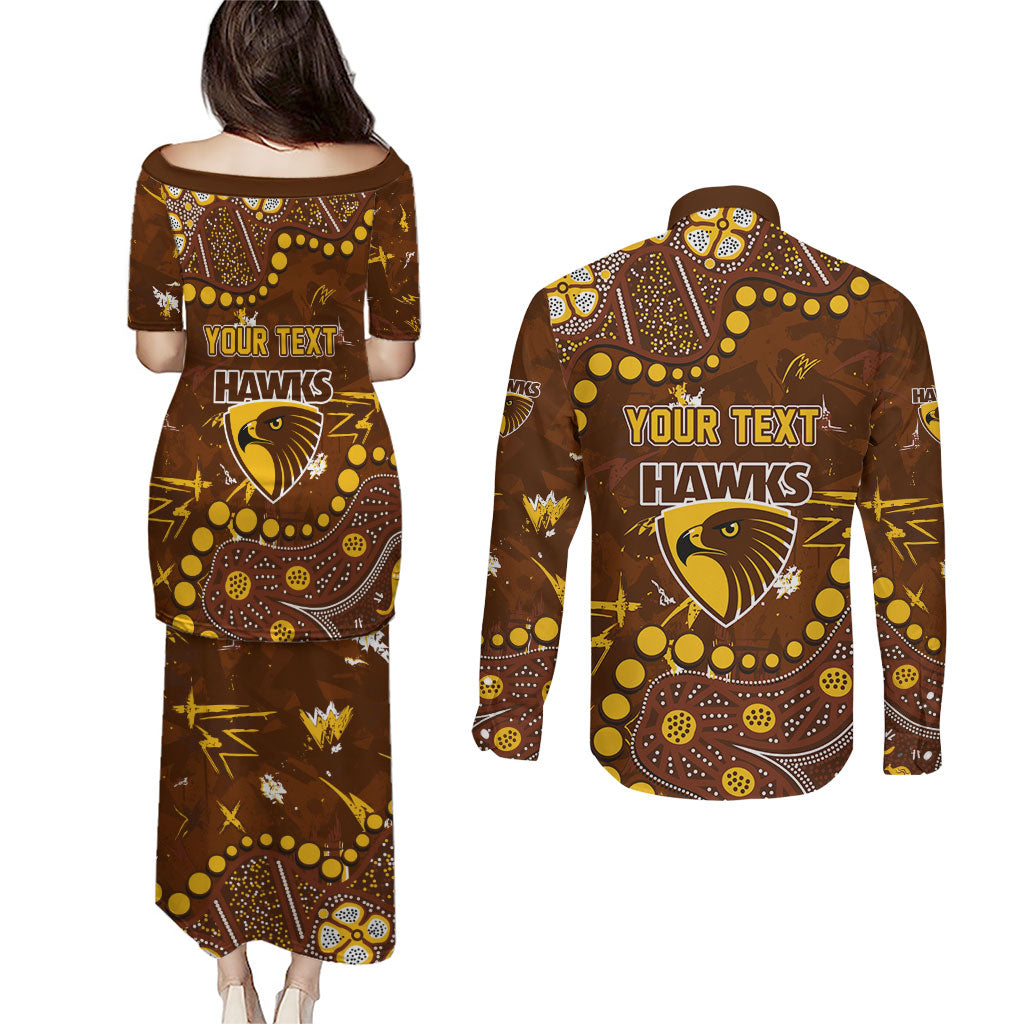 Personalized Hawthorn Hawks Couples Matching Puletasi and Long Sleeve Button Shirt Aboriginal Pattern with Graffiti Style