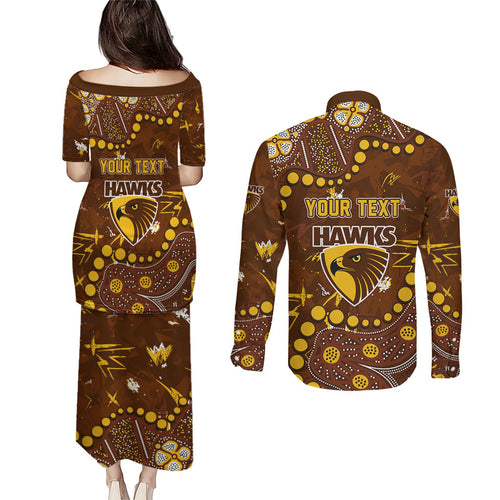 Personalized Hawthorn Hawks Couples Matching Puletasi and Long Sleeve Button Shirt Aboriginal Pattern with Graffiti Style
