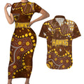 Personalized Hawthorn Hawks Couples Matching Short Sleeve Bodycon Dress and Hawaiian Shirt Aboriginal Pattern with Graffiti Style