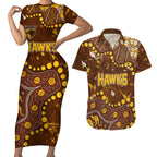 Personalized Hawthorn Hawks Couples Matching Short Sleeve Bodycon Dress and Hawaiian Shirt Aboriginal Pattern with Graffiti Style