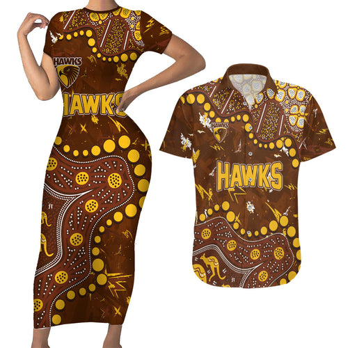 Personalized Hawthorn Hawks Couples Matching Short Sleeve Bodycon Dress and Hawaiian Shirt Aboriginal Pattern with Graffiti Style