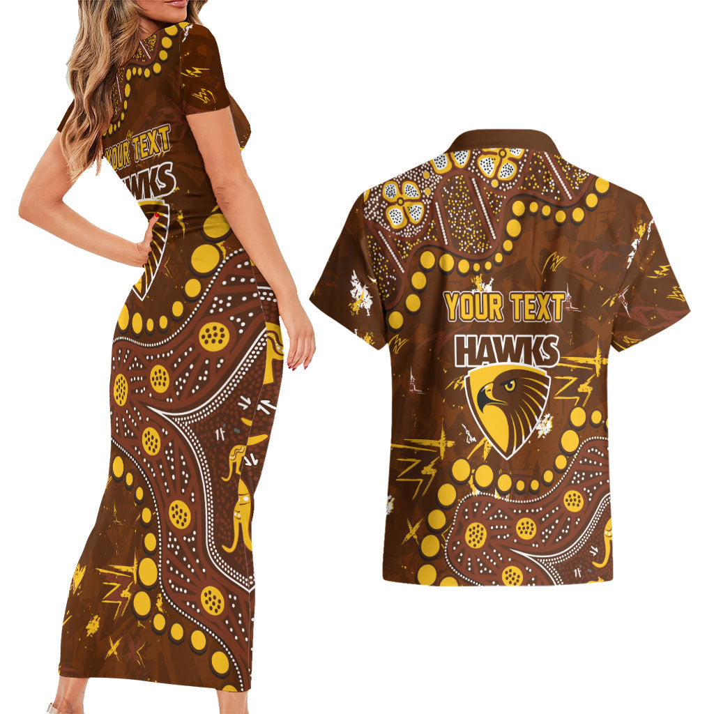 Personalized Hawthorn Hawks Couples Matching Short Sleeve Bodycon Dress and Hawaiian Shirt Aboriginal Pattern with Graffiti Style