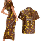 Personalized Hawthorn Hawks Couples Matching Short Sleeve Bodycon Dress and Hawaiian Shirt Aboriginal Pattern with Graffiti Style