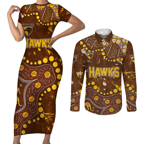 Personalized Hawthorn Hawks Couples Matching Short Sleeve Bodycon Dress and Long Sleeve Button Shirt Aboriginal Pattern with Graffiti Style