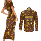 Personalized Hawthorn Hawks Couples Matching Short Sleeve Bodycon Dress and Long Sleeve Button Shirt Aboriginal Pattern with Graffiti Style