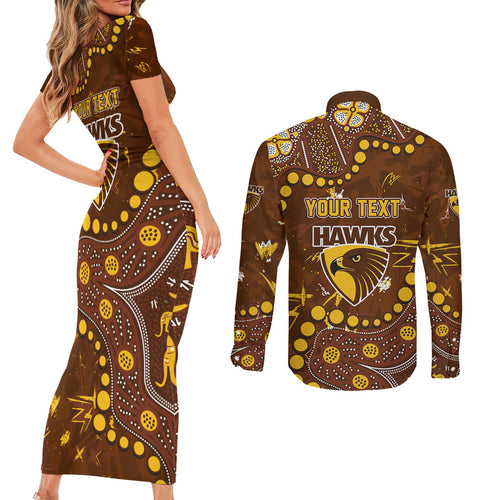 Personalized Hawthorn Hawks Couples Matching Short Sleeve Bodycon Dress and Long Sleeve Button Shirt Aboriginal Pattern with Graffiti Style
