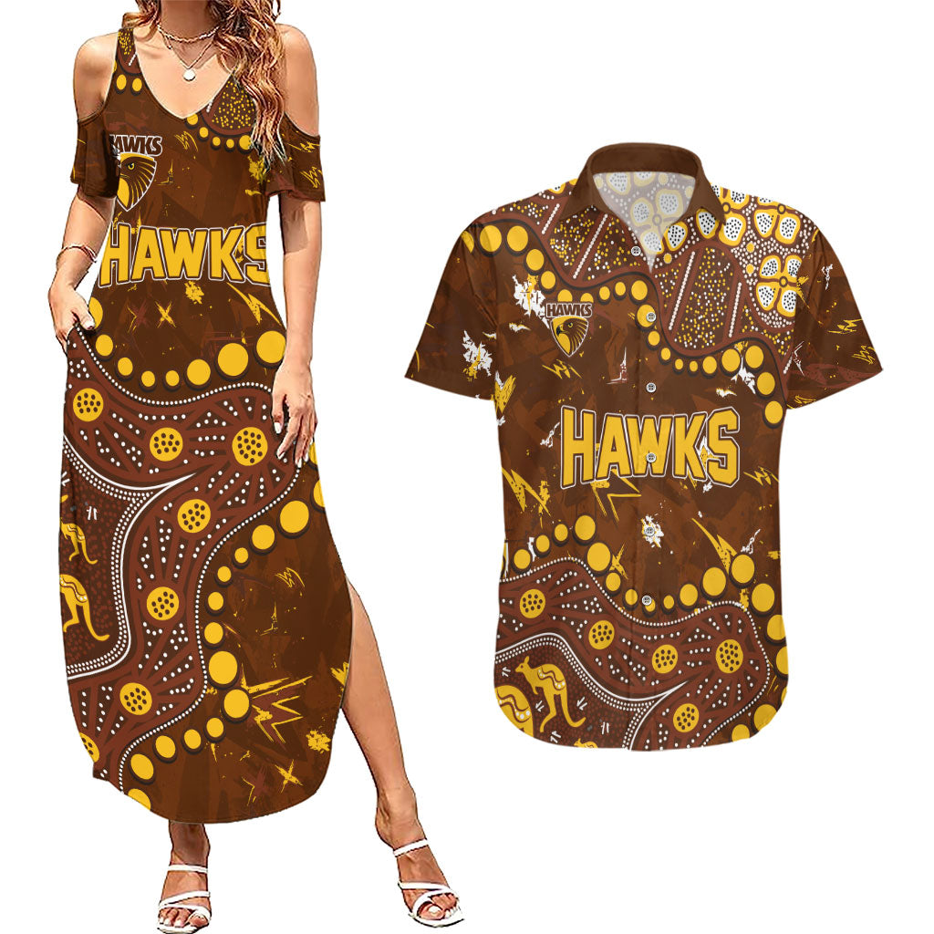 Personalized Hawthorn Hawks Couples Matching Summer Maxi Dress and Hawaiian Shirt Aboriginal Pattern with Graffiti Style
