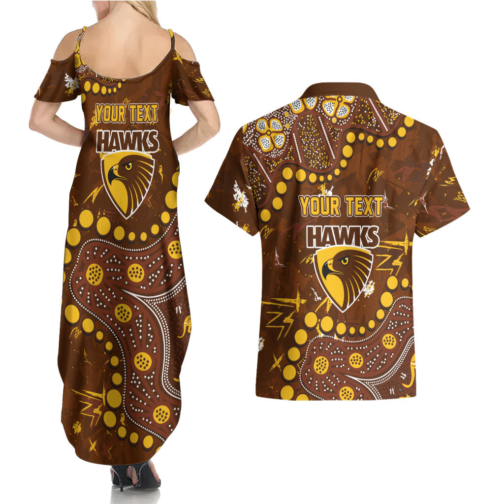 Personalized Hawthorn Hawks Couples Matching Summer Maxi Dress and Hawaiian Shirt Aboriginal Pattern with Graffiti Style