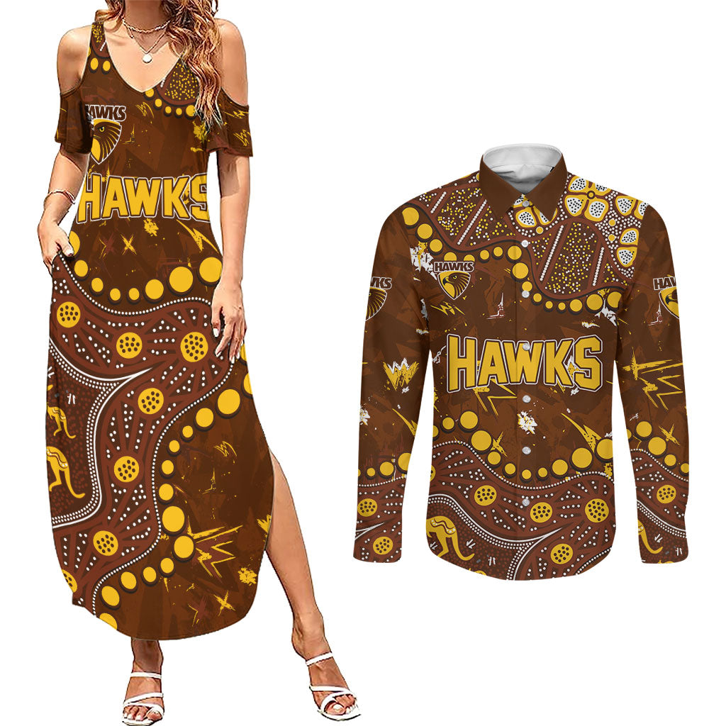Personalized Hawthorn Hawks Couples Matching Summer Maxi Dress and Long Sleeve Button Shirt Aboriginal Pattern with Graffiti Style