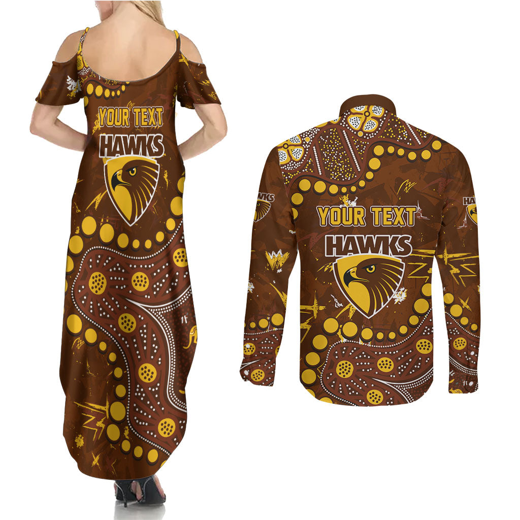 Personalized Hawthorn Hawks Couples Matching Summer Maxi Dress and Long Sleeve Button Shirt Aboriginal Pattern with Graffiti Style