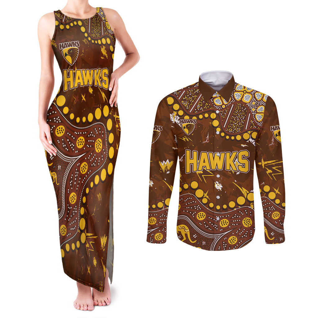 Personalized Hawthorn Hawks Couples Matching Tank Maxi Dress and Long Sleeve Button Shirt Aboriginal Pattern with Graffiti Style