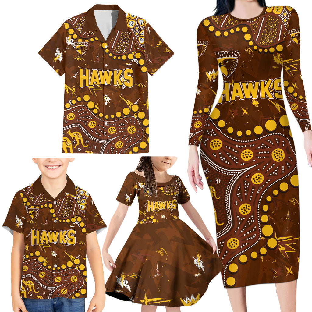 Personalized Hawthorn Hawks Family Matching Long Sleeve Bodycon Dress and Hawaiian Shirt Aboriginal Pattern with Graffiti Style