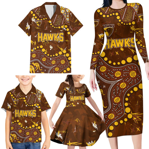 Personalized Hawthorn Hawks Family Matching Long Sleeve Bodycon Dress and Hawaiian Shirt Aboriginal Pattern with Graffiti Style