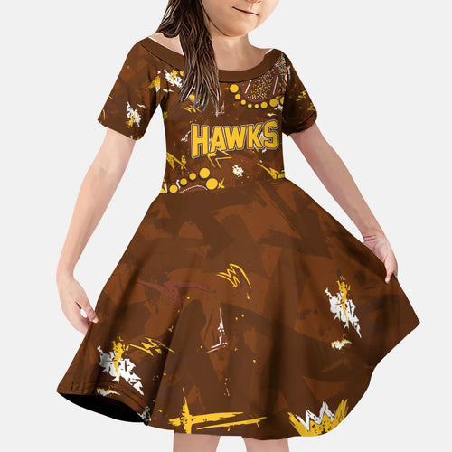 Personalized Hawthorn Hawks Family Matching Long Sleeve Bodycon Dress and Hawaiian Shirt Aboriginal Pattern with Graffiti Style