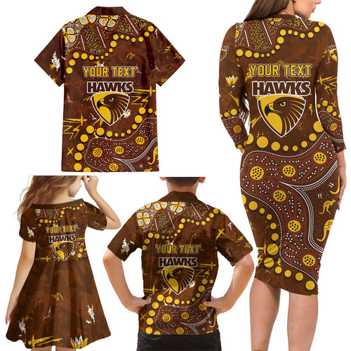 Personalized Hawthorn Hawks Family Matching Long Sleeve Bodycon Dress and Hawaiian Shirt Aboriginal Pattern with Graffiti Style