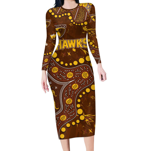 Personalized Hawthorn Hawks Family Matching Long Sleeve Bodycon Dress and Hawaiian Shirt Aboriginal Pattern with Graffiti Style