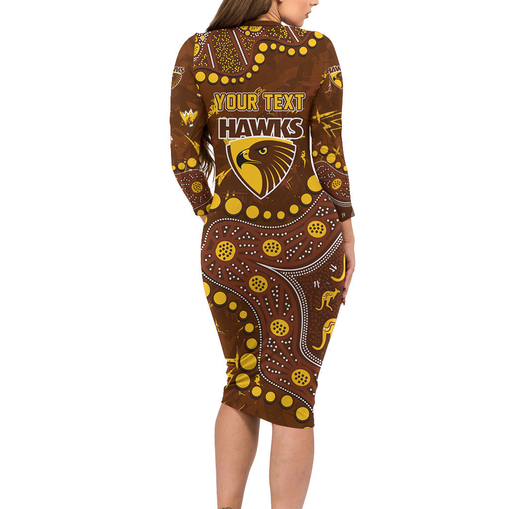 Personalized Hawthorn Hawks Family Matching Long Sleeve Bodycon Dress and Hawaiian Shirt Aboriginal Pattern with Graffiti Style