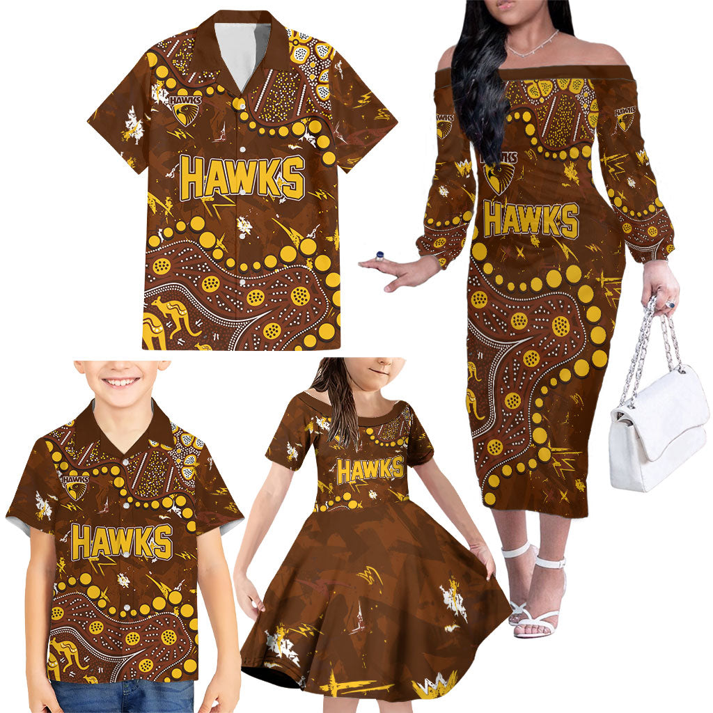 Personalized Hawthorn Hawks Family Matching Off The Shoulder Long Sleeve Dress and Hawaiian Shirt Aboriginal Pattern with Graffiti Style