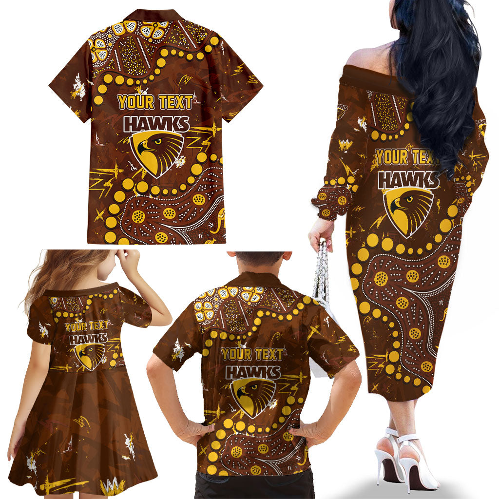 Personalized Hawthorn Hawks Family Matching Off The Shoulder Long Sleeve Dress and Hawaiian Shirt Aboriginal Pattern with Graffiti Style