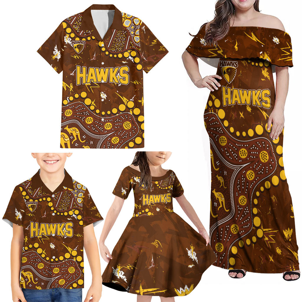 Personalized Hawthorn Hawks Family Matching Off Shoulder Maxi Dress and Hawaiian Shirt Aboriginal Pattern with Graffiti Style
