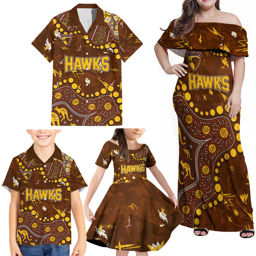 Personalized Hawthorn Hawks Family Matching Off Shoulder Maxi Dress and Hawaiian Shirt Aboriginal Pattern with Graffiti Style