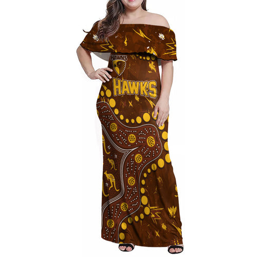 Personalized Hawthorn Hawks Family Matching Off Shoulder Maxi Dress and Hawaiian Shirt Aboriginal Pattern with Graffiti Style